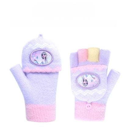 Fingerless Flap Cover Gloves Winter Knit Warm Mittens Soft Lined Fleece Thermal Outdoor Half Finger with Cover Convertible Flip Top for Kids boys girls (Pink Elsa 02)