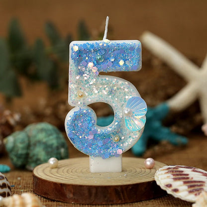 Mermaid Birthday Candles Shell Sequins Candles for Cake Blue Ocean Beach Birthday Cake Sequins Shell Number Toppers for Girls Boys Party Decorations (Blue, Number 5)