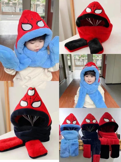 Kids Cartoon 3 in 1 Hat Scarf Gloves Set Winter Warm Fleece Faux Fur Hoodie Full Hood Thick Thermal Scarves Gifts for Boys and Girls Kids