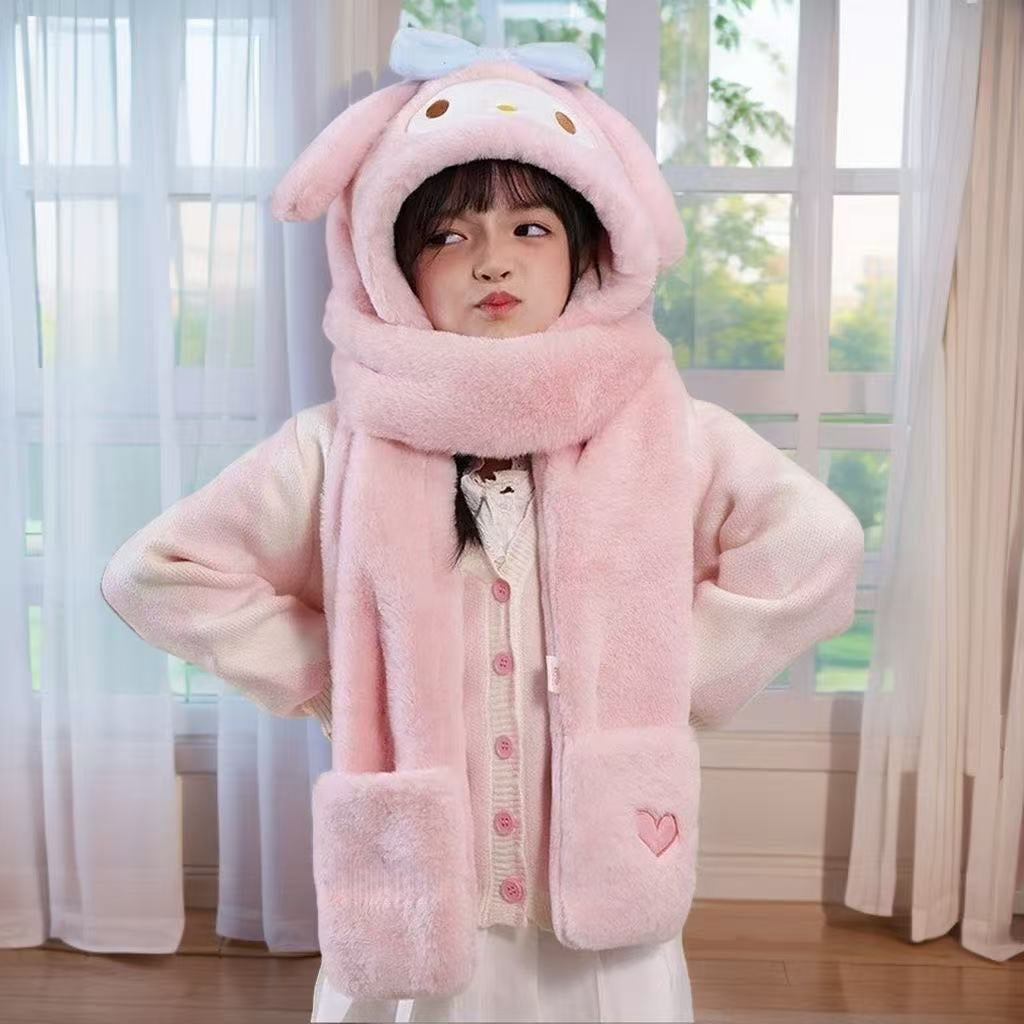Kids Cartoon 3 in 1 Hat Scarf Gloves Set Winter Warm Fleece Stch Faux Fur Hoodie Full Hood Thick Thermal Scarves Gifts for Boys and Girls Kids( Kuromi)
