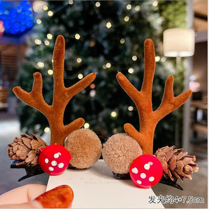 8PCS Christmas Xmas Party Santa Reindeer Snowman Pom Pom Bell Antler Kids Girls Toddlers Women Hair Clips Alligator Barrettes Hairpins Party