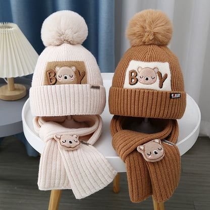 Kids Winter Beanie pom pom Hat Scarf Set 2Pcs Knit Warm Toddler Winter Cap Neck Warmer for Boys Girls Accessories Sets for Children Outdoor Sports