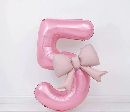 40'' Pink Number with Bow Balloon, Self Inflating Foil Light Pink Number Balloons Set 0-9, Pastel Pink Helium Balloon for Girls Birthday Party Decorations Anniversary Supplies (Pink, Number 5)