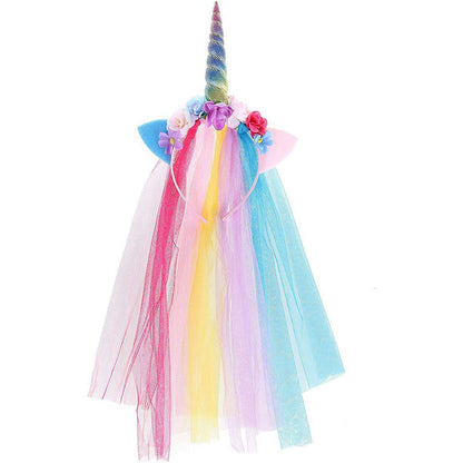 Unicorn Horn Floral Headband with Rainbow veil Ears Pony Head Bands Tiara for Girls Kids Headbands Party Birthday Cosplay Fancy costume