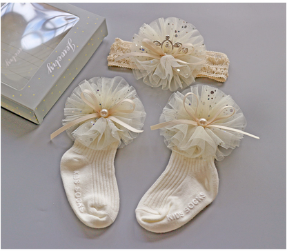 3PCS Baby Crown Lace Tutu Flower Socks Princess Party Newborn Toddler Ankle Socks Hair Headband Gift Set in Box (F)
