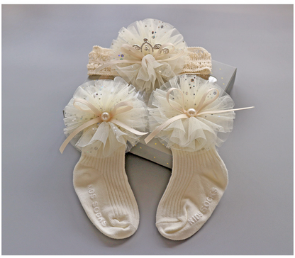 3PCS Baby Crown Lace Tutu Flower Socks Princess Party Newborn Toddler Ankle Socks Hair Headband Gift Set in Box (F)