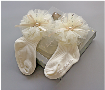 3PCS Baby Crown Lace Tutu Flower Socks Princess Party Newborn Toddler Ankle Socks Hair Headband Gift Set in Box (F)
