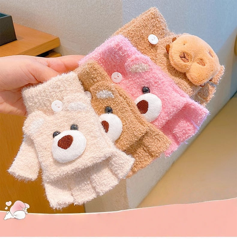 Fingerless Flap Cover Gloves Winter Knit Warm Mittens Soft Lined Fleece Thermal Outdoor Half Finger with Cover Convertible Flip Top for Kids boys girls(3D My Melody)