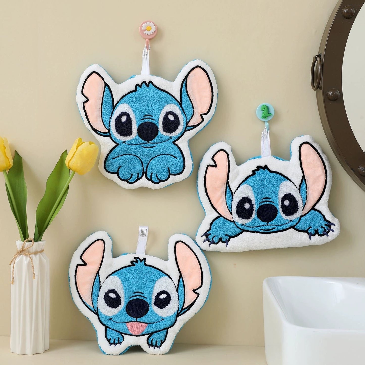 Stitch Hand Towels Set, Soft Coral Velvet Microfibre Cute Animals Hand Towels for Bathroom, Kitchen, Quick Dry Hanging Face Towel for Kids, Super Absorbent Washcloth with Hanging Loop