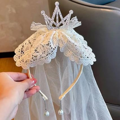 Princess Lace Crown Headband with long headdress tulle veil Pearls, Fancy Party Girl Kids Costume Headdress Hairband Photo Prop Flower girl Wedding, Engagement