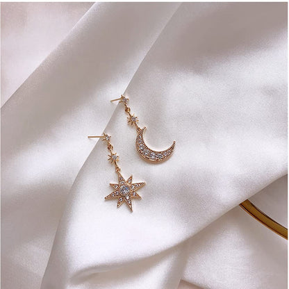 Women Star Moon Fashion Jewellery Gold Silver Plated Bling Stud Earrings with Crystal Allergy Free