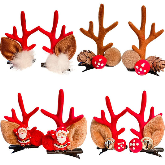 8PCS Christmas Xmas Party Santa Reindeer Snowman Pom Pom Bell Antler Kids Girls Toddlers Women Hair Clips Alligator Barrettes Hairpins Party