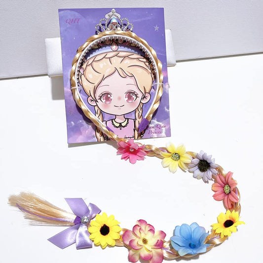 Kids Girls Toddlers Blue Elsa Ponytail Hair Extension Party Hair clips Snowflake Crown Headband Hairband Costume Dress up Braided Wigs (Rapunzel crown headband(FLOWERS RANDOM))