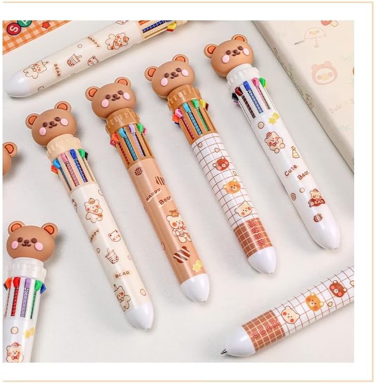 Multicolor teddy bear Pens 0.5mm 10-in-1 Retractable Ballpoint Pens 10 Colors Transparent Barrel Ballpoint Pen for Office Supplies and kids school (Bear)
