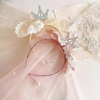 Princess Lace Crown Headband with long headdress tulle veil Pearls, Fancy Party Girl Kids Costume Headdress Hairband Photo Prop Flower girl Wedding, Engagement