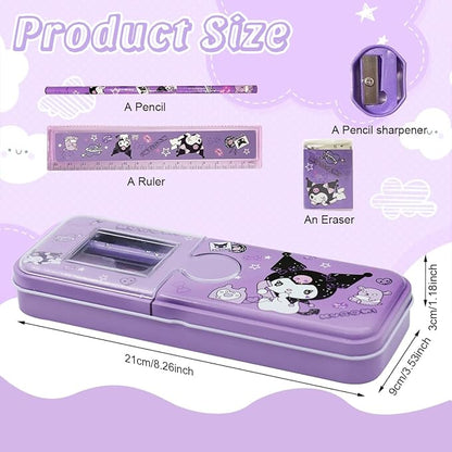 Cartoon Pencil Box with Sharpener & Eraser - Double Layer Metal Purple Pencil Box, Ideal for School & Birthday Gifts, Cartoon Pencil Childeren's Day Birthday Gift