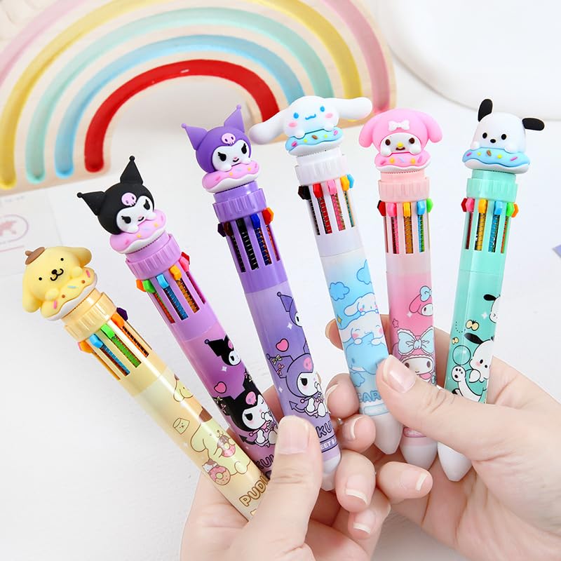 Multicolor teddy bear Pens 0.5mm 10-in-1 Retractable Ballpoint Pens 10 Colors Transparent Barrel Ballpoint Pen for Office Supplies and kids school (My Melody)