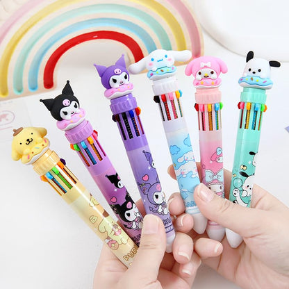 Multicolor teddy bear Pens 0.5mm 10-in-1 Retractable Ballpoint Pens 10 Colors Transparent Barrel Ballpoint Pen for Office Supplies and kids school (Kuromi)