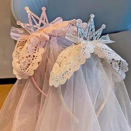 Princess Lace Crown Headband with long headdress tulle veil Pearls, Fancy Party Girl Kids Costume Headdress Hairband Photo Prop Flower girl Wedding, Engagement