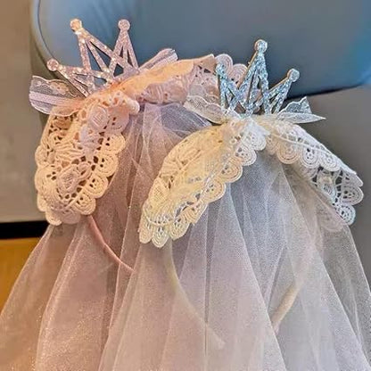 Princess Lace Crown Headband with long headdress tulle veil Pearls, Fancy Party Girl Kids Costume Headdress Hairband Photo Prop Flower girl Wedding, Engagement