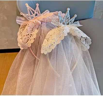 Princess Lace Crown Headband with long headdress tulle veil Pearls, Fancy Party Girl Kids Costume Headdress Hairband Photo Prop Flower girl Wedding, Engagement