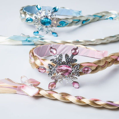 Kids Girls Toddlers Blue Elsa Ponytail Hair Extension Party Hair clips Snowflake Crown Headband Hairband Costume Dress up Braided Wigs (Pink Snowflake Headband)