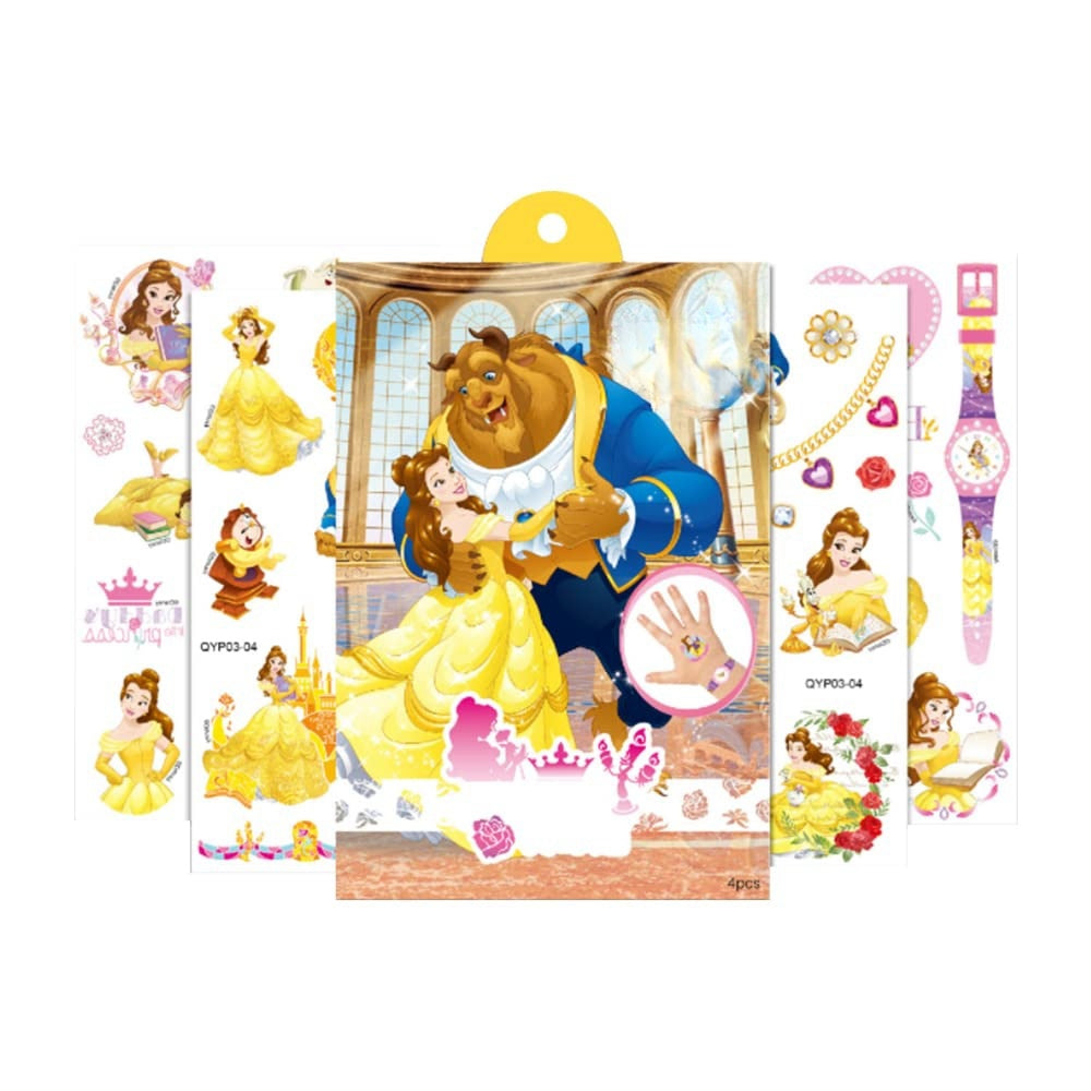 4 Sheets Kids Girls Princess Mermaid Temporary Tattoos Sticker Birthday Party Bag Fillers Favors Supplies Gifts Goodies,Fake Waterproof Temporary Tattoo Set(Beauty and the Beast)