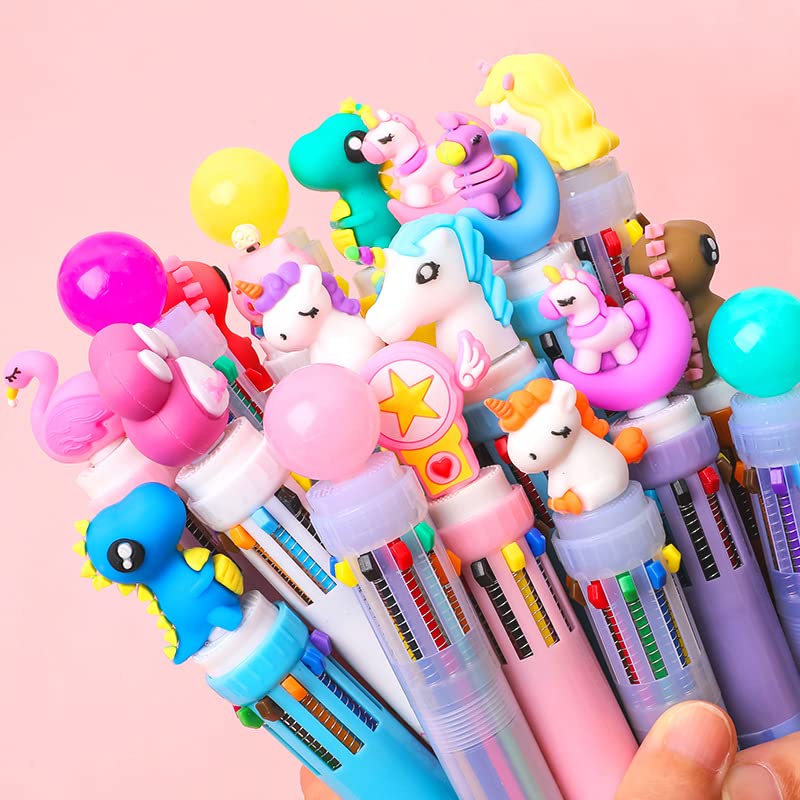 Multicolor teddy bear Pens 0.5mm 10-in-1 Retractable Ballpoint Pens 10 Colors Transparent Barrel Ballpoint Pen for Office Supplies and kids school (Dinosaur)