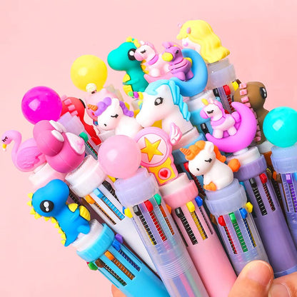 Multicolor teddy bear Pens 0.5mm 10-in-1 Retractable Ballpoint Pens 10 Colors Transparent Barrel Ballpoint Pen for Office Supplies and kids school (Dinosaur)