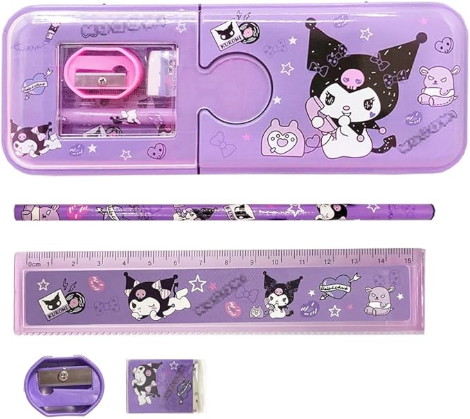 Cartoon Pencil Box with Sharpener & Eraser - Double Layer Metal Purple Pencil Box, Ideal for School & Birthday Gifts, Cartoon Pencil Childeren's Day Birthday Gift (Kuromi)