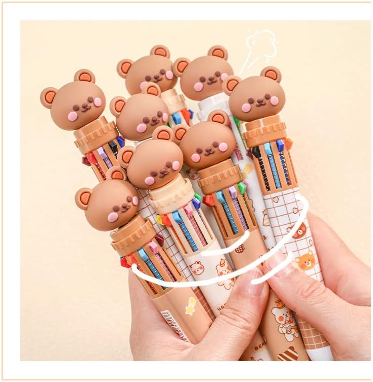 Multicolor teddy bear Pens 0.5mm 10-in-1 Retractable Ballpoint Pens 10 Colors Transparent Barrel Ballpoint Pen for Office Supplies and kids school (Bear)