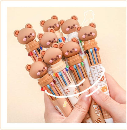 Multicolor teddy bear Pens 0.5mm 10-in-1 Retractable Ballpoint Pens 10 Colors Transparent Barrel Ballpoint Pen for Office Supplies and kids school (Bear)