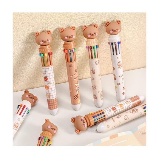 Multicolor teddy bear Pens 0.5mm 10-in-1 Retractable Ballpoint Pens 10 Colors Transparent Barrel Ballpoint Pen for Office Supplies and kids school (Bear)
