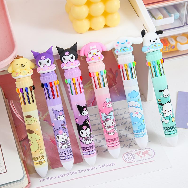 Multicolor teddy bear Pens 0.5mm 10-in-1 Retractable Ballpoint Pens 10 Colors Transparent Barrel Ballpoint Pen for Office Supplies and kids school (Cinnamoroll)