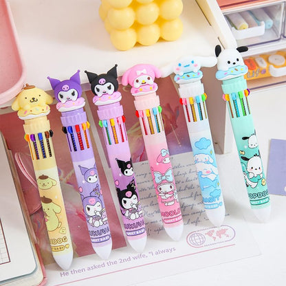 Multicolor teddy bear Pens 0.5mm 10-in-1 Retractable Ballpoint Pens 10 Colors Transparent Barrel Ballpoint Pen for Office Supplies and kids school (Cinnamoroll)