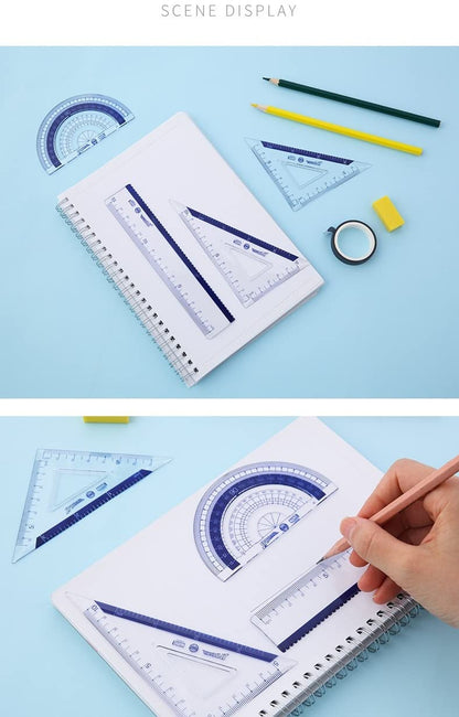 4PCS Ruler Kit Transparent Plastic Set Practical Math Geometry Kit Includes Straight Ruler Triangle Protractor for Student and Teacher