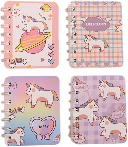 4PCS cute unicorn bus Notebook Wirebound Small Mini Pocket Journal Diary for Girls Boys Kids Gift Spiral bound A7 Lined Notebook Writing Drawing Notepad