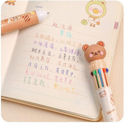 Multicolor teddy bear Pens 0.5mm 10-in-1 Retractable Ballpoint Pens 10 Colors Transparent Barrel Ballpoint Pen for Office Supplies and kids school (Bear)