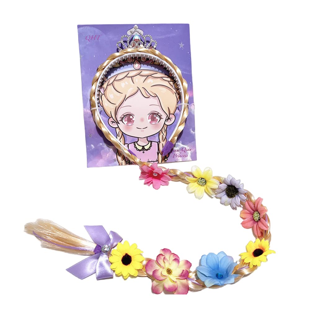 Kids Girls Toddlers Blue Elsa pink Ponytail Hair Extension Party Hair clips Snowflake Crown Headband Hairband Costume Dress up Braided Wigs (Rapunzel Ponytail(FLOWERS RANDOM))