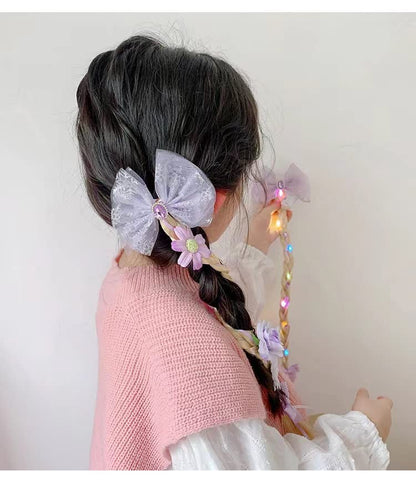 Kids Girls Toddlers Blue Elsa pink Ponytail Hair Extension Party Hair clips Snowflake Crown Headband Hairband Costume Dress up Braided Wigs (Rapunzel Ponytail(FLOWERS RANDOM))