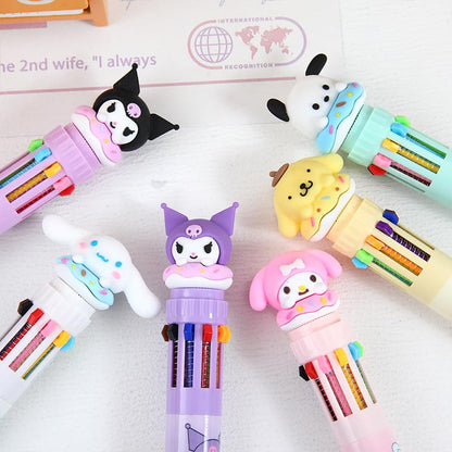 Multicolor teddy bear Pens 0.5mm 10-in-1 Retractable Ballpoint Pens 10 Colors Transparent Barrel Ballpoint Pen for Office Supplies and kids school (Cinnamoroll)