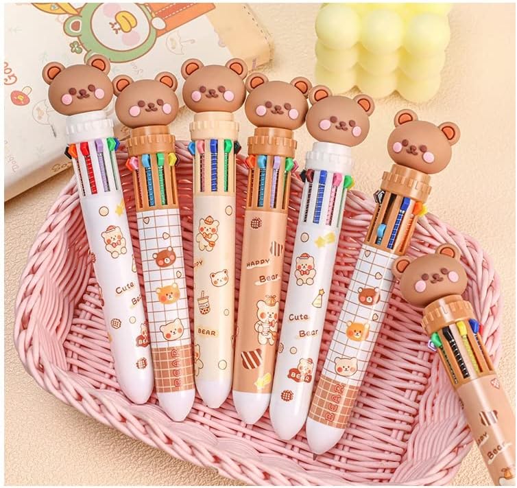 Multicolor teddy bear Pens 0.5mm 10-in-1 Retractable Ballpoint Pens 10 Colors Transparent Barrel Ballpoint Pen for Office Supplies and kids school (Bear)