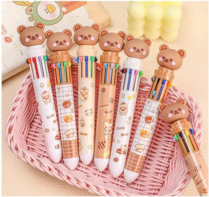 Multicolor teddy bear Pens 0.5mm 10-in-1 Retractable Ballpoint Pens 10 Colors Transparent Barrel Ballpoint Pen for Office Supplies and kids school (Bear)