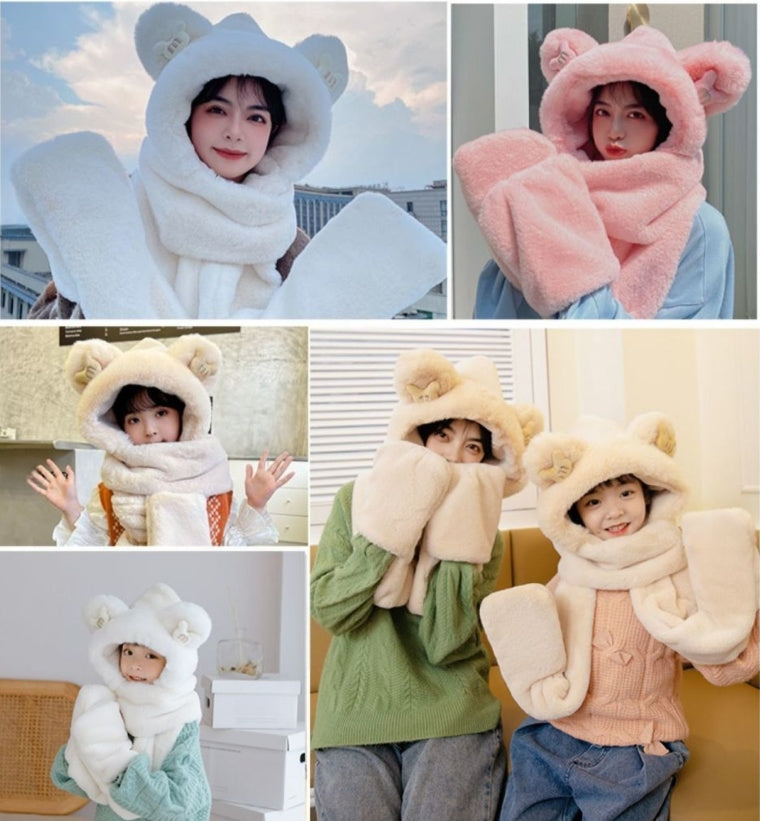 Kids Cartoon 3 in 1 Hat Scarf Gloves Set Winter Warm Fleece Stch Faux Fur Hoodie Full Hood Thick Thermal Scarves Gifts for Boys and Girls Kids (Pink Bear)