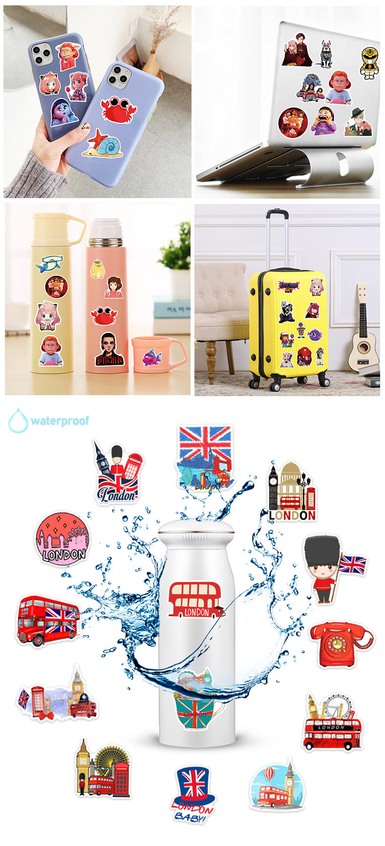 50pcs Princess Aven Superheros Toy Kids Stickers Luggage Laptop Skateboard Waterproof Party Bag Fillers Waterbottle Decal Graffiti Patches (London)