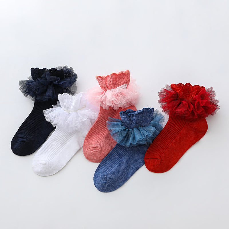 3 Pairs Kids Baby Girls Frilly Lace Tutu Flower Soft Cotton Socks Newborn Toddler Ankle Socks (Set01 1-3)