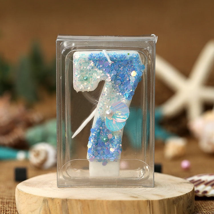 Mermaid Birthday Candles Shell Sequins Candles for Cake Blue Ocean Beach Birthday Cake Sequins Shell Number Toppers for Girls Boys Party Decorations (Blue, Number 3)