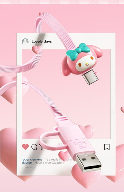 Cute Kitty Cartoon Charging Cable - Pink 2-in-1 Multi-Connector USB-C to USB-C/-C to C 3A USB Cable for Fast Charging, 1m Transfer Cable, USB-A Adaptor Included, Fast Charger Compatible
