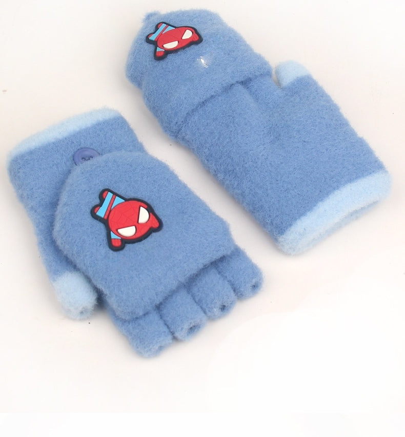 Fingerless Flap Cover Gloves Winter Knit Warm Mittens Soft Lined Fleece Thermal Outdoor Half Finger with Cover Convertible Flip Top for Kids boys girls (Ultraman)