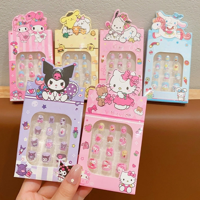 24Pcs 2 Pack Children Acrylic Fake Nails Press on Pre-glue Full Cover Glitter Color Rainbow Unicorn Mermaid Kids Stick On False Nail Art Kits Set Girls Birthday Gift（Kuromi）